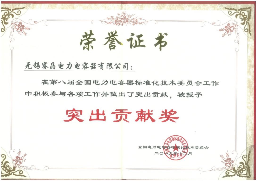無錫賽晶榮獲全國電力電容器標(biāo)準(zhǔn)化技術(shù)委員會突出貢獻(xiàn)獎